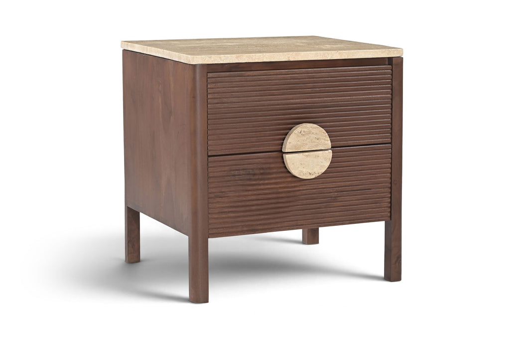 Meridian Furniture Varenna 22-inch acacia wood nightstand with a natural finish and modern accent design.