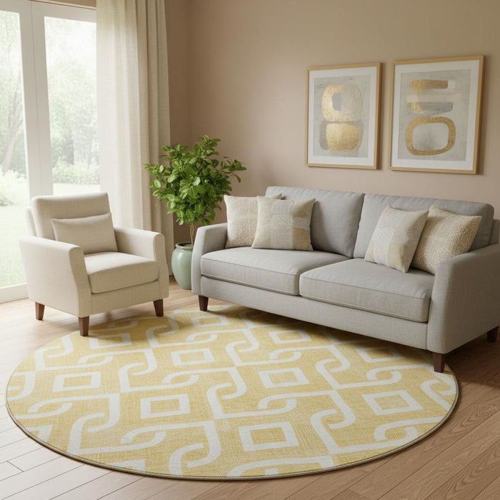 8' Geometric Washable Round Rug With UV Protection (652506) - Gold / Ivory