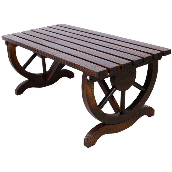 Rustic wooden garden bench with wagon wheel leg design by Giga, featuring brown stained wood for patio and outdoor seating.