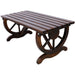 Rustic wooden garden bench with wagon wheel leg design by Giga, featuring brown stained wood for patio and outdoor seating.