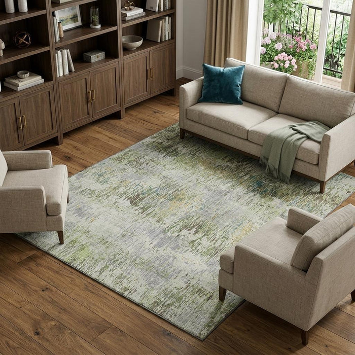 10' X 14' Striped Washable Area Rug With UV Protection (693306) - Artichoke Green / Ivory / Gray