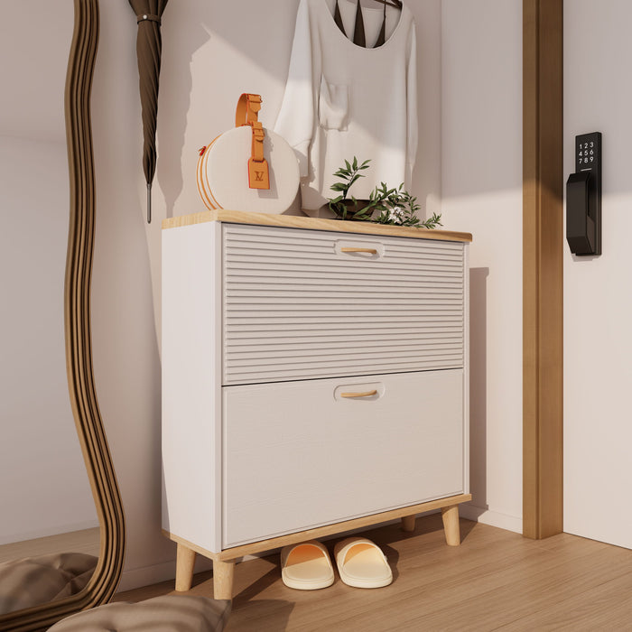 Giga narrow shoe storage cabinet with two flip drawers and legs, in natural wood and white finish, ideal for entryway organization.