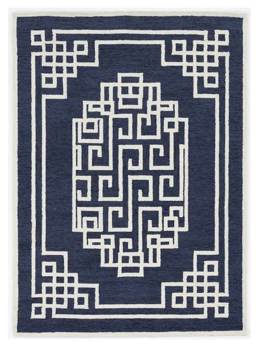 8' x 10' Hand Tufted Greek Key Medallion Indoor Area Rug - Navy Blue Ivory