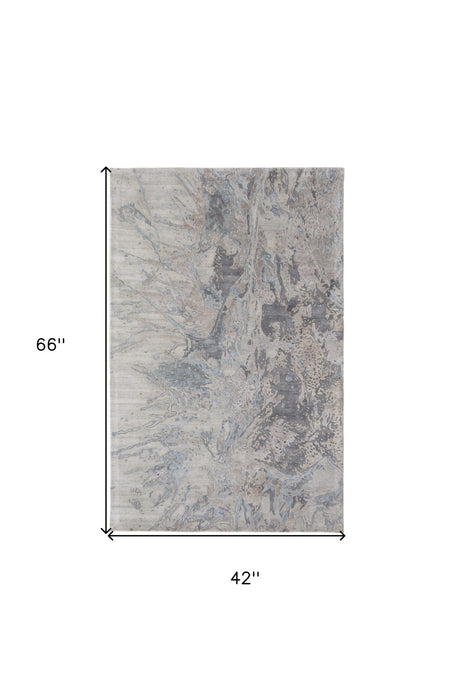 4' x 6' Abstract Hand Tufted Worn Faded Area Rug - Gray Tan And Green