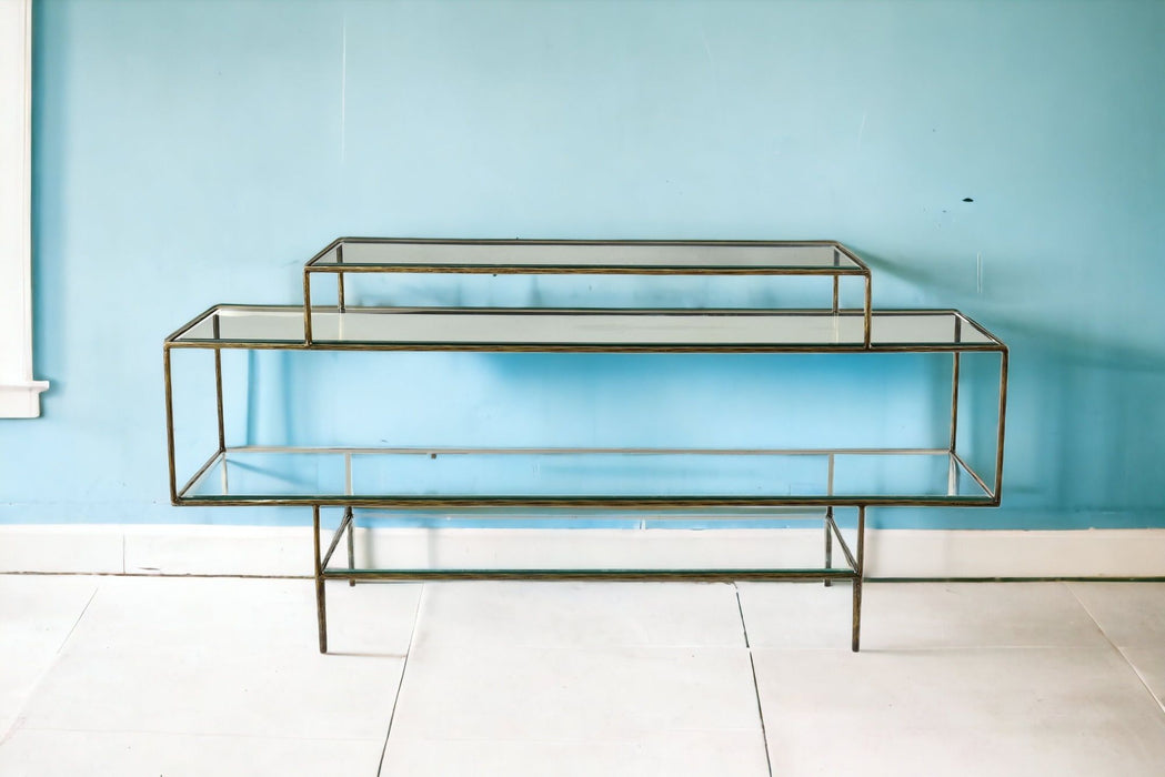Glass Floor Shelf Console Table With Storage - Clear And Gold