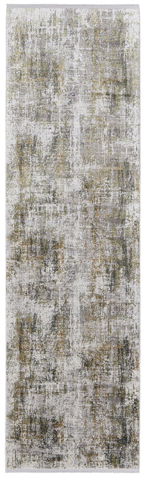 10' Abstract Power Loom Runner Rug With Fringe - Gray And Ivory
