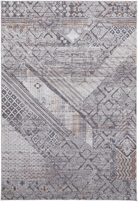 12' x 15' Geometric Power Loom Distressed Stain Resistant Area Rug - Gray And Ivory