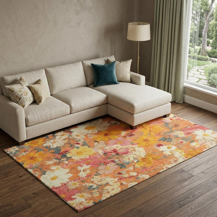 10' X 14' Floral Washable Area Rug With UV Protection (694122) - Orange / Ivory / Pink