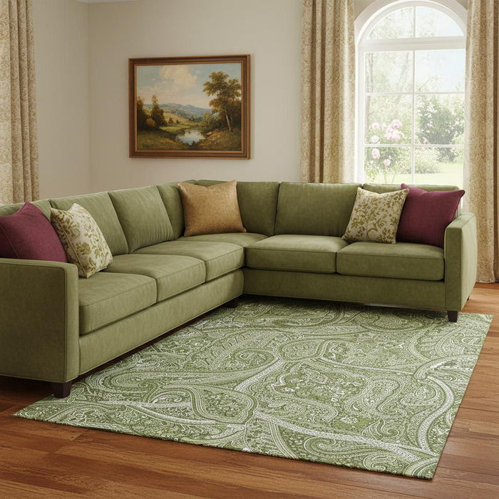 10' X 14' Paisley Washable Area Rug With UV Protection (652647) - Green / Ivory