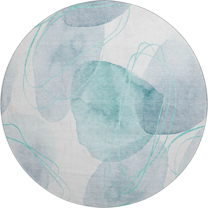 8' Abstract Washable Round Rug With UV Protection (648439) - Teal / Ivory
