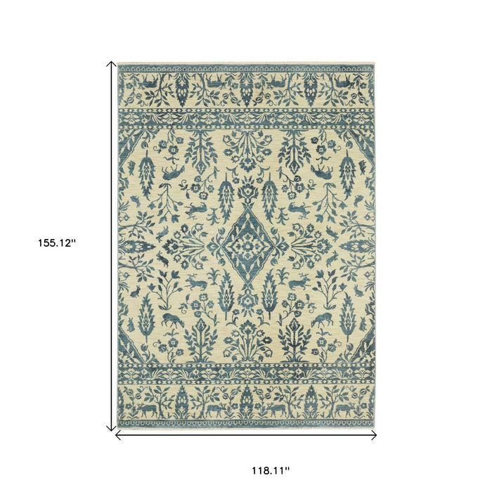 13' X 10' Oriental Area Rug With Fringe - Ivory / Blue