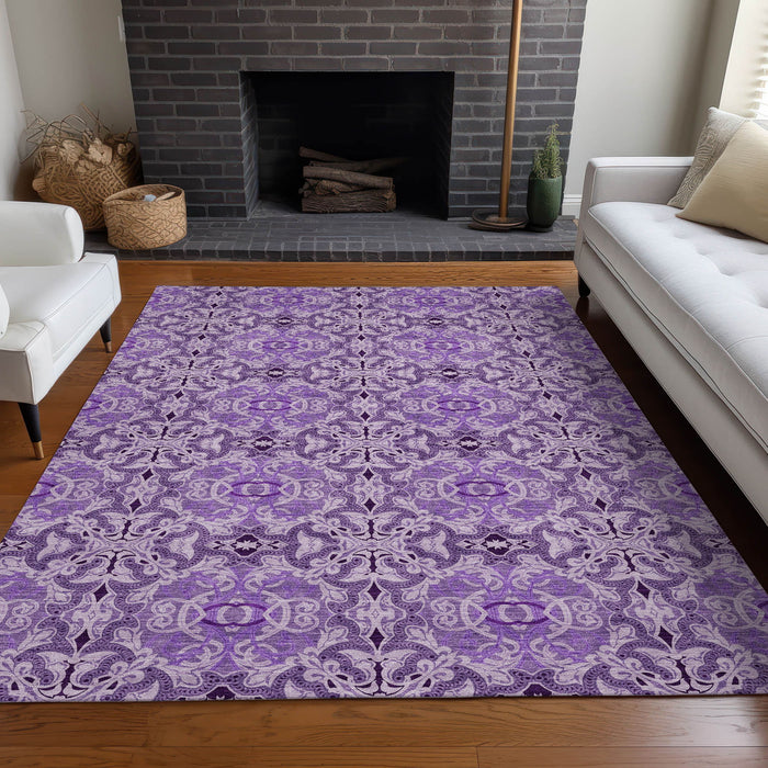 9' X 12' Medallion Washable Area Rug Polyester With UV Protection - Purple And Ivory