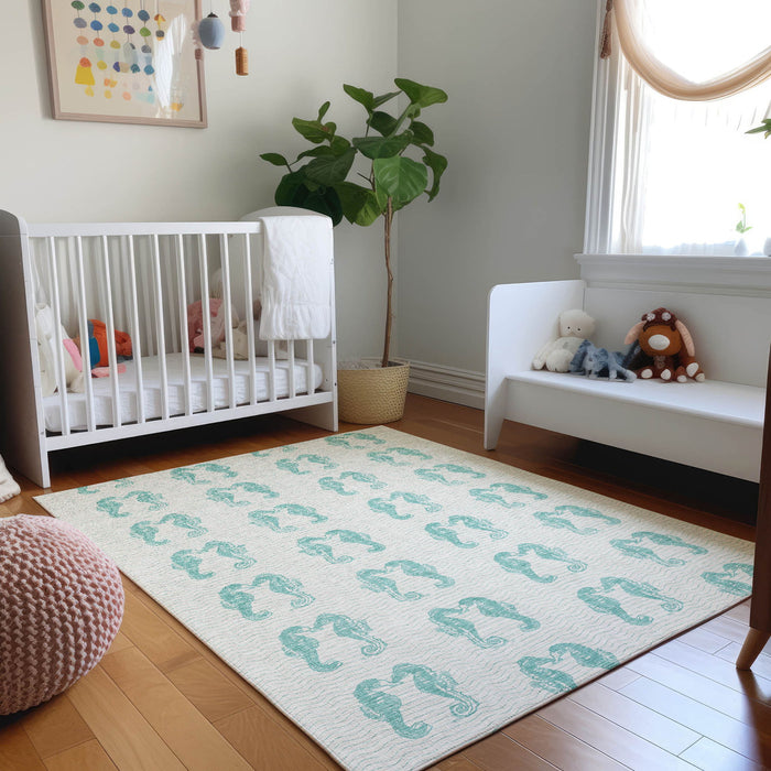 10' X 14' Geometric Washable Area Rug With UV Protection - Aqua / Ivory