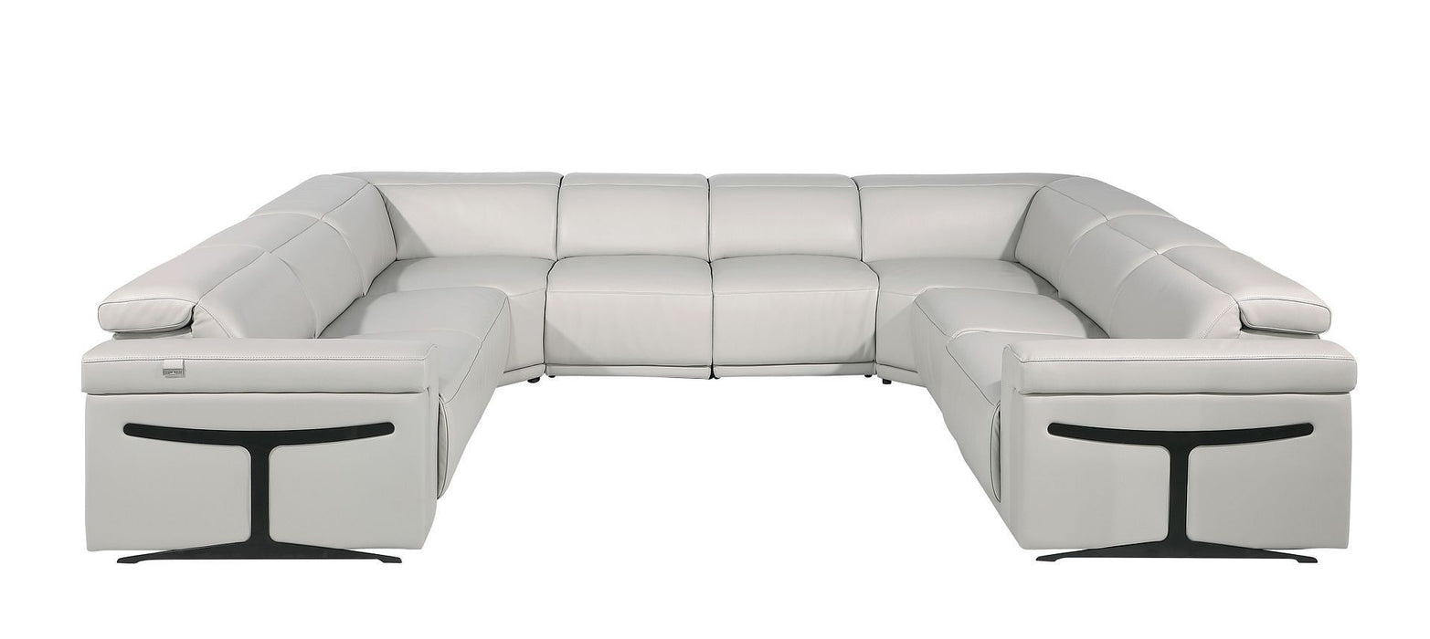 Italian Leather Power Reclining U Shaped Eight Piece Corner Sectional With Console - Light Gray