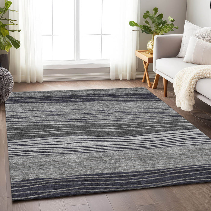 9' X 12' Striped Washable Area Rug Polyester With UV Protection - Gray And Silver