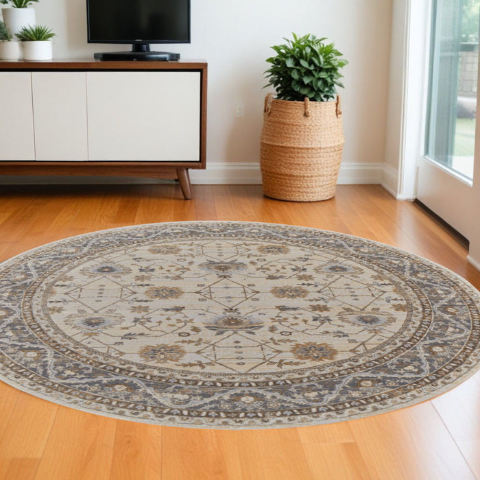7.8' x 7.8' Round Oriental Power Loom Distressed Area Rug - Brown And Ivory