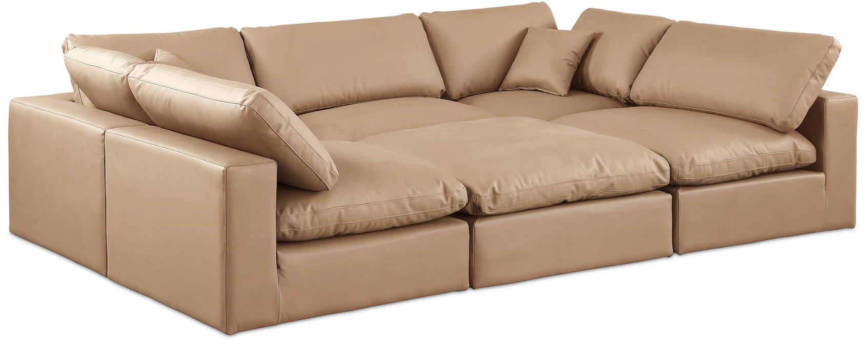Tan faux leather sectional sofa from Meridian Furniture's Comfy 6-piece stationary sectional set, showing plush cushions and modern design.