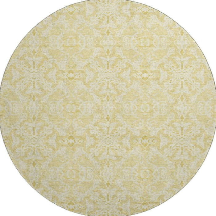 8' Medallion Washable Round Rug Polyester With UV Protection - Gold And Ivory