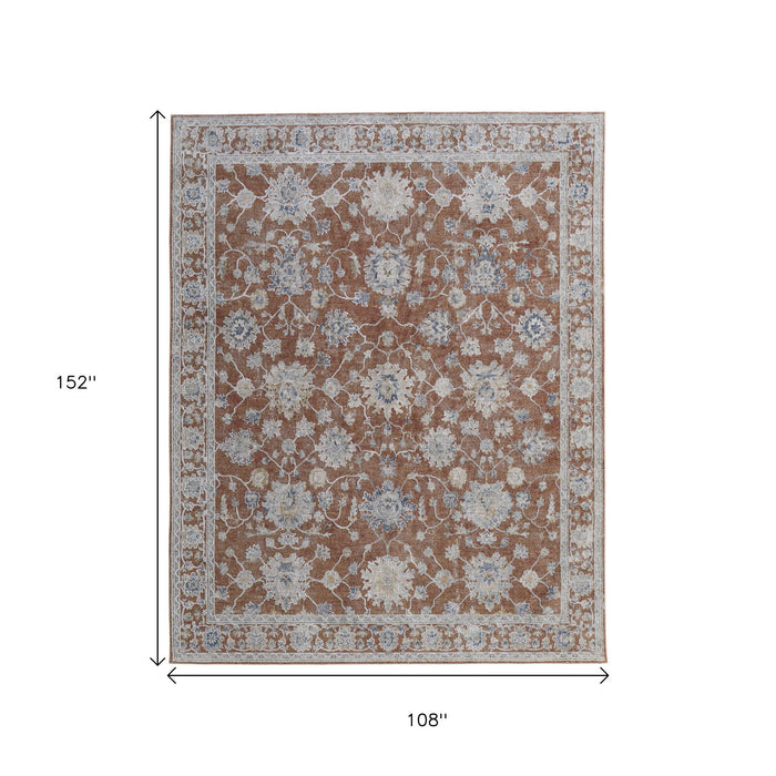 9' X 13' Floral Distressed Area Rug With Fringe - Red