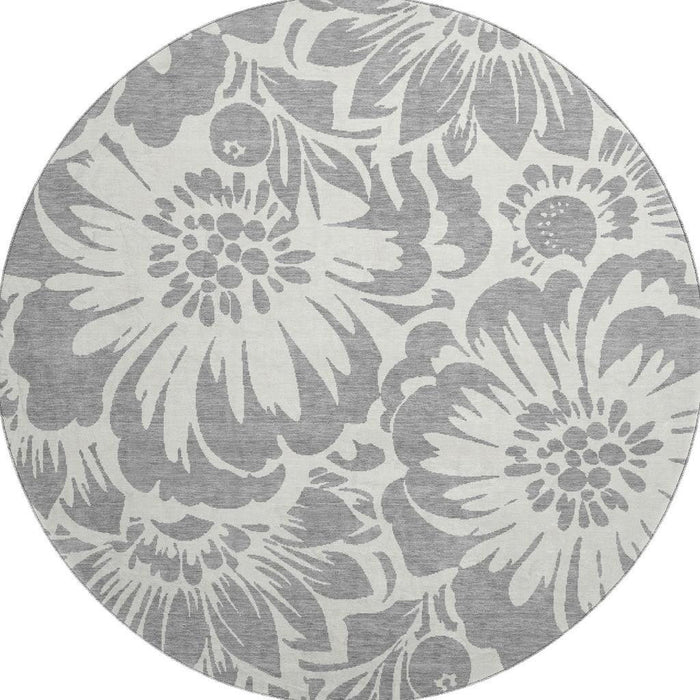 8' Floral Washable Round Rug With UV Protection (648649) - Gray / Ivory