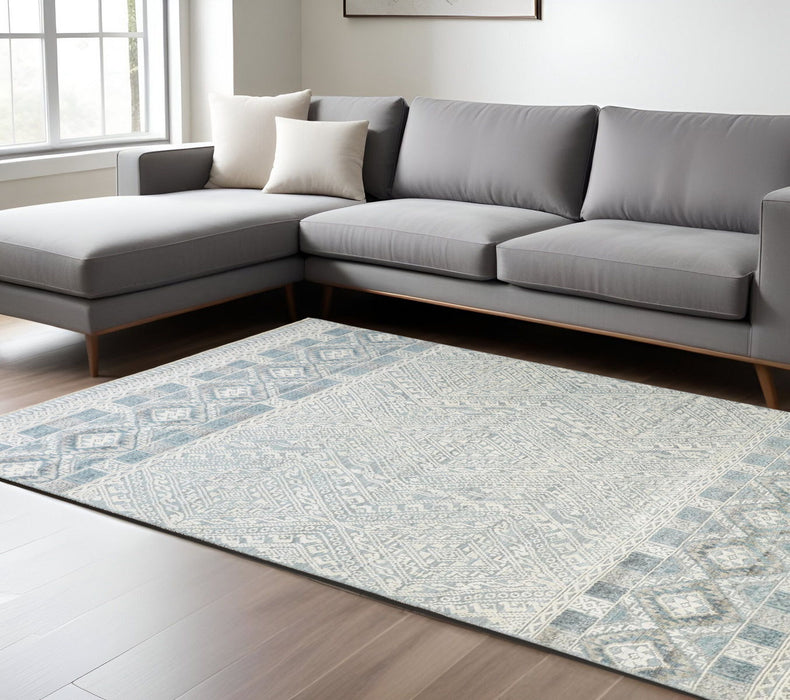 10' x 13' Geometric Hand Knotted Area Rug - Ivory Blue And Gray