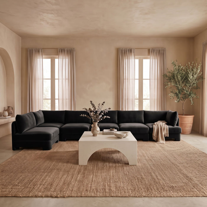 Meridian Furniture Hammond velvet performance fabric L-shaped armless sectional with six stationary sofa pieces in a modern living room setting