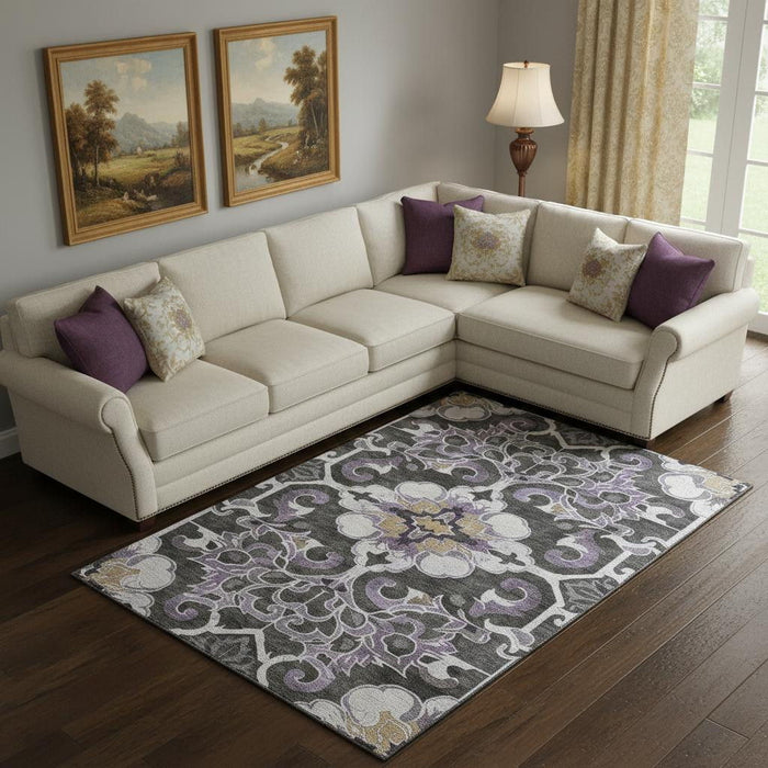 10' X 14' Floral Medallion Washable Area Rug With UV Protection (709084) - Purple / Ivory / Charcoal