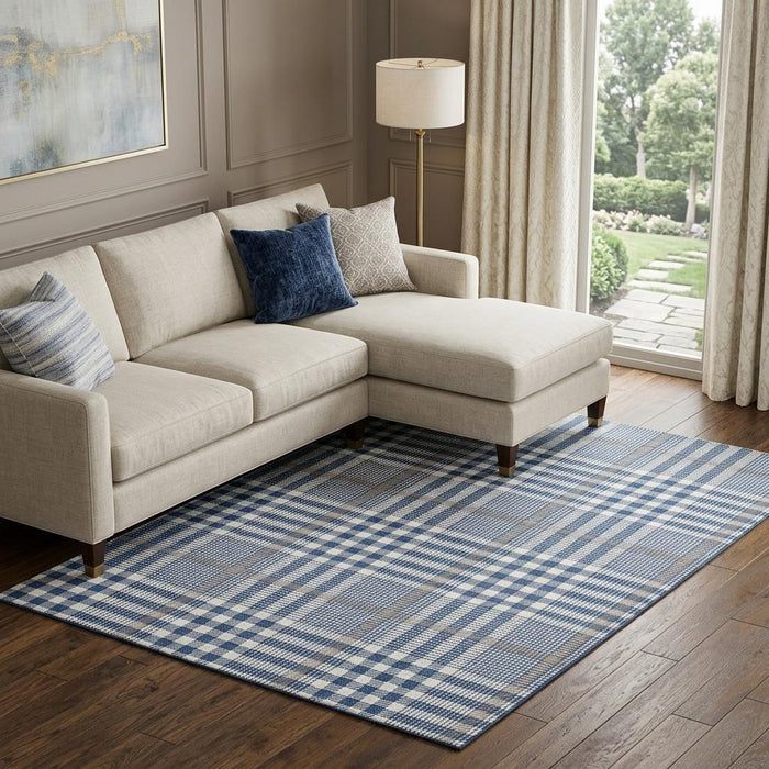 10' X 14' Plaid Washable Area Rug With UV Protection (682643) - Navy Blue / Ivory / Gray