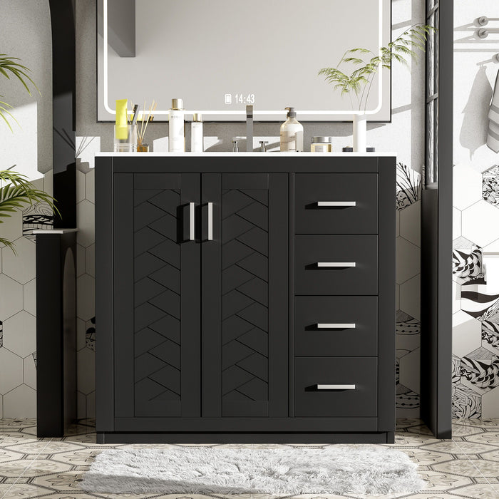 Giga bathroom vanity with sink, storage cabinet, three drawers, and soft-closing doors in a freestanding design.