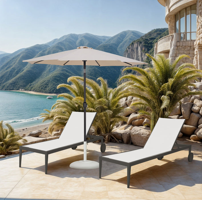 Meridian Furniture Fiji aluminum patio umbrella with round white and black base, ideal for outdoor shading and sun protection.