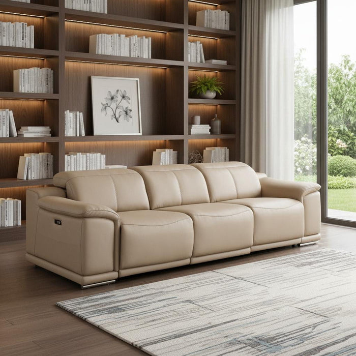 108" Leather Reclining USB Sofa - Beige