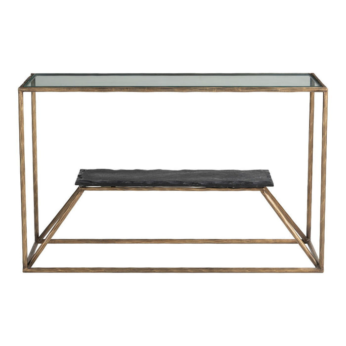 Stone And Glass And Iron Frame Console Table With Shelf - Clear / Brass