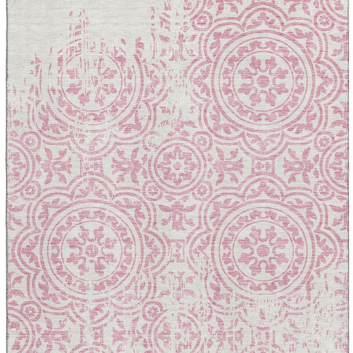 10' X 14' Medallion Washable Area Rug With UV Protection - Pink / Ivory