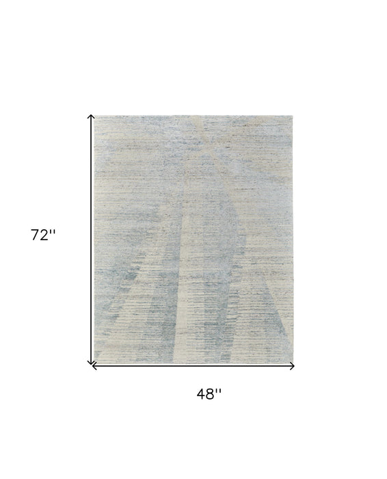 4' x 6' Abstract Hand Knotted Worn Faded Area Rug - Ivory And Blue