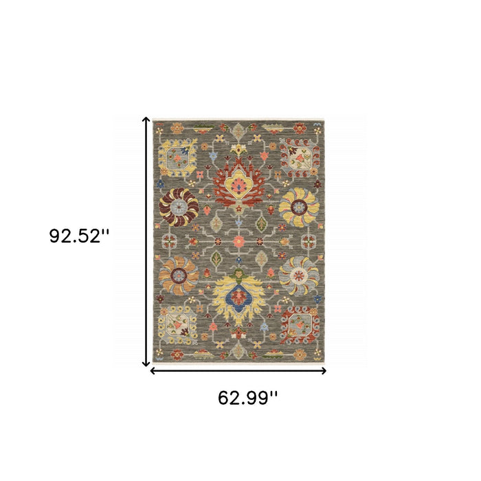 5' x 8' Oriental Power Loom Stain Resistant Area Rug With Fringe - Gray Charcoal Yellow Blue Rust Red Pink Green And Ivory
