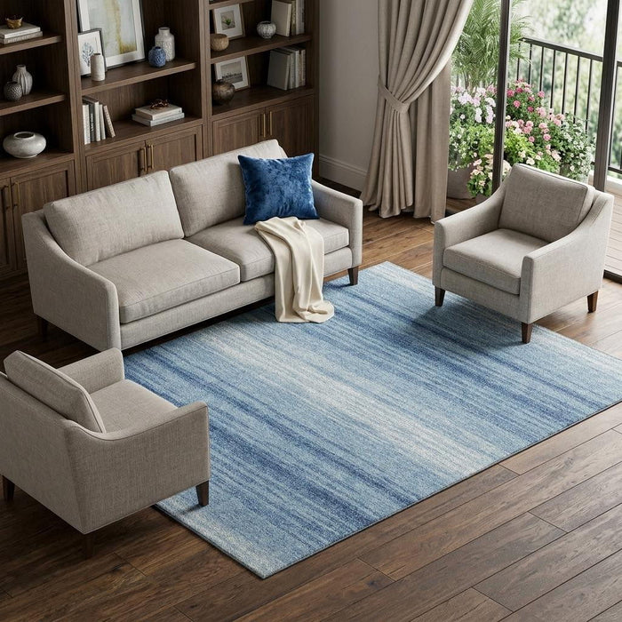 10' X 14' Striped Washable Area Rug With UV Protection (681095) - Blue / Ivory