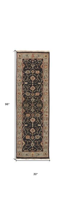 8' Oriental Hand Knotted Runner Rug With Fringe - Black And Gold