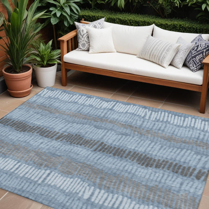 10' X 14' Striped Washable Area Rug With UV Protection (670616) - Blue / Ivory / Gray