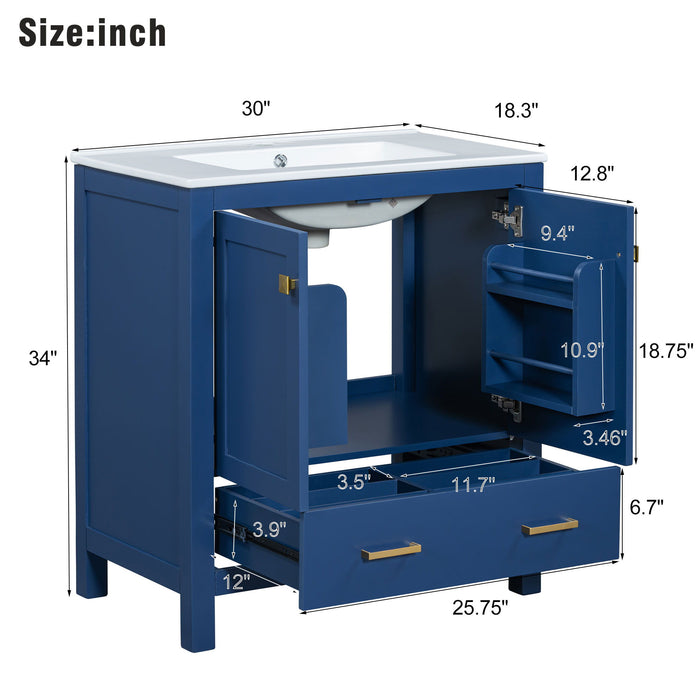 Giga bathroom vanity with single undermount sink, solid wood frame, two doors, drawer, soft-close, multifunctional storage.