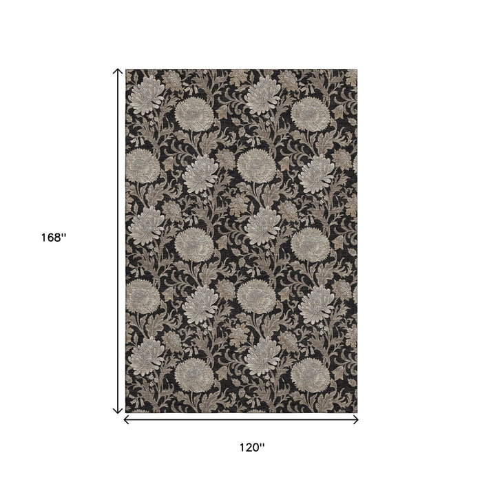 10' X 14' Floral Washable Area Rug With UV Protection (655776) - Black / Beige