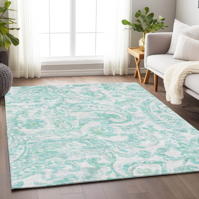 10' X 14' Paisley Washable Area Rug With UV Protection - Turquoise And Ivory