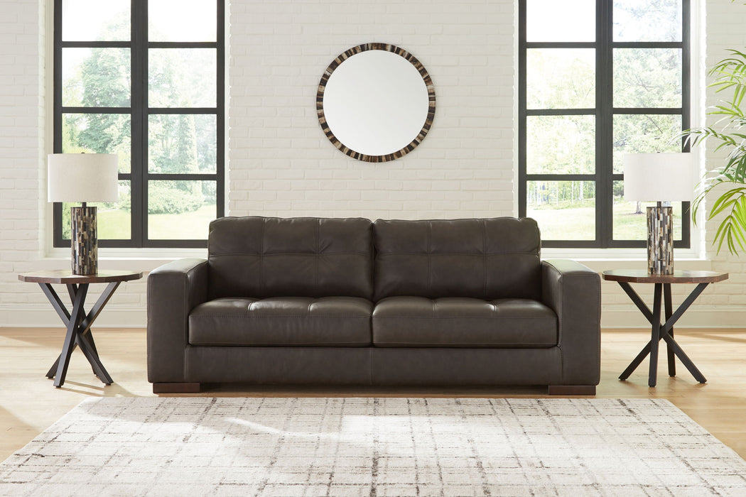 Luigi stationary sofa by Signature Design Ashley in thunder gray fabric, showcasing plush cushions and modern design.