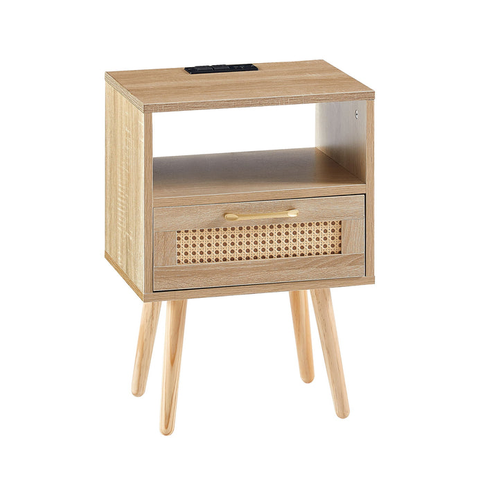 Giga 15.75-inch rattan nightstand with built-in power outlet, USB ports, drawer, and solid wood legs for living room or bedroom.