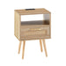 Giga 15.75-inch rattan nightstand with built-in power outlet, USB ports, drawer, and solid wood legs for living room or bedroom.