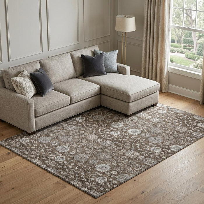 10' X 14' Floral Washable Area Rug With UV Protection (687005) - Chocolate / Beige / Gray
