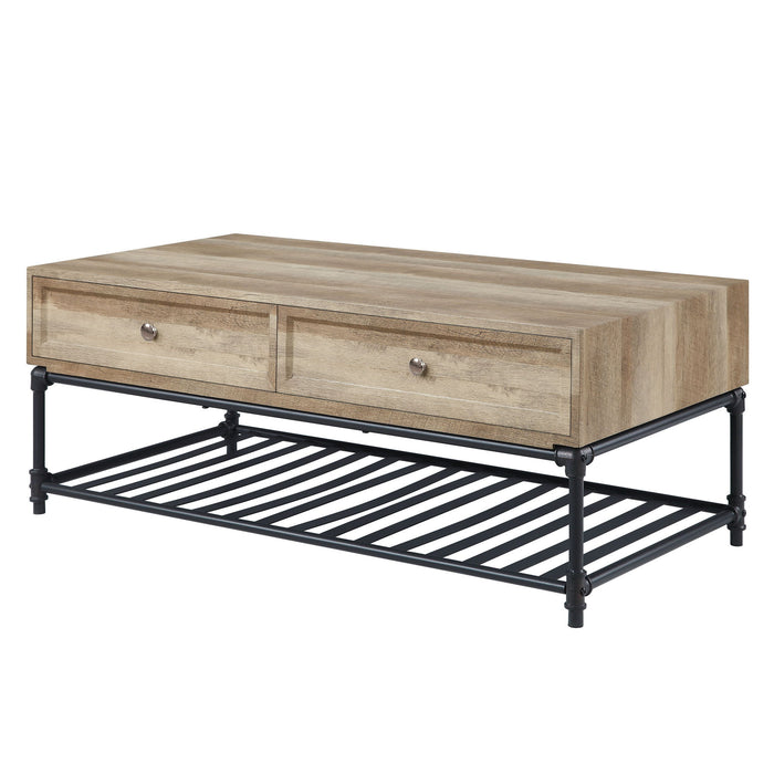 Paper Veneer And Metal Rectangular Coffee Table With Two Drawers And Shelf - Sandy Black And Oak