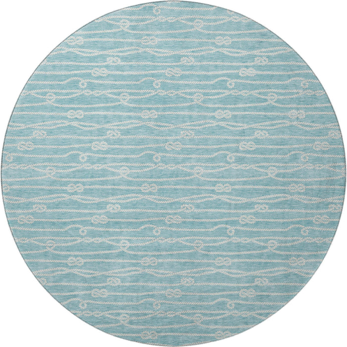 8' Nautical Washable Round Rug With UV Protection - Teal Blue And Ivory