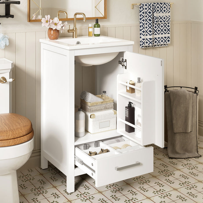 Giga bathroom vanity with ceramic sink, soft-close drawers, door organizer, divider drawer, and adjustable foot pads.