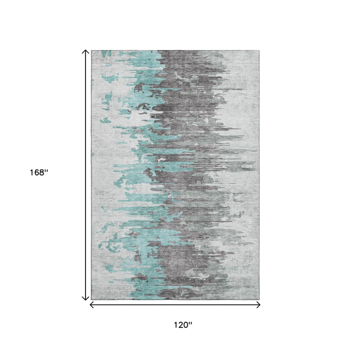 10' X 14' Abstract Washable Area Rug With UV Protection (656963) - Teal / Gray / Ivory