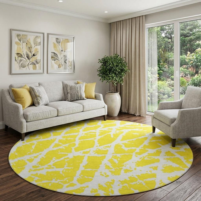 8' Abstract Washable Round Rug With UV Protection (646599) - Yellow / Ivory